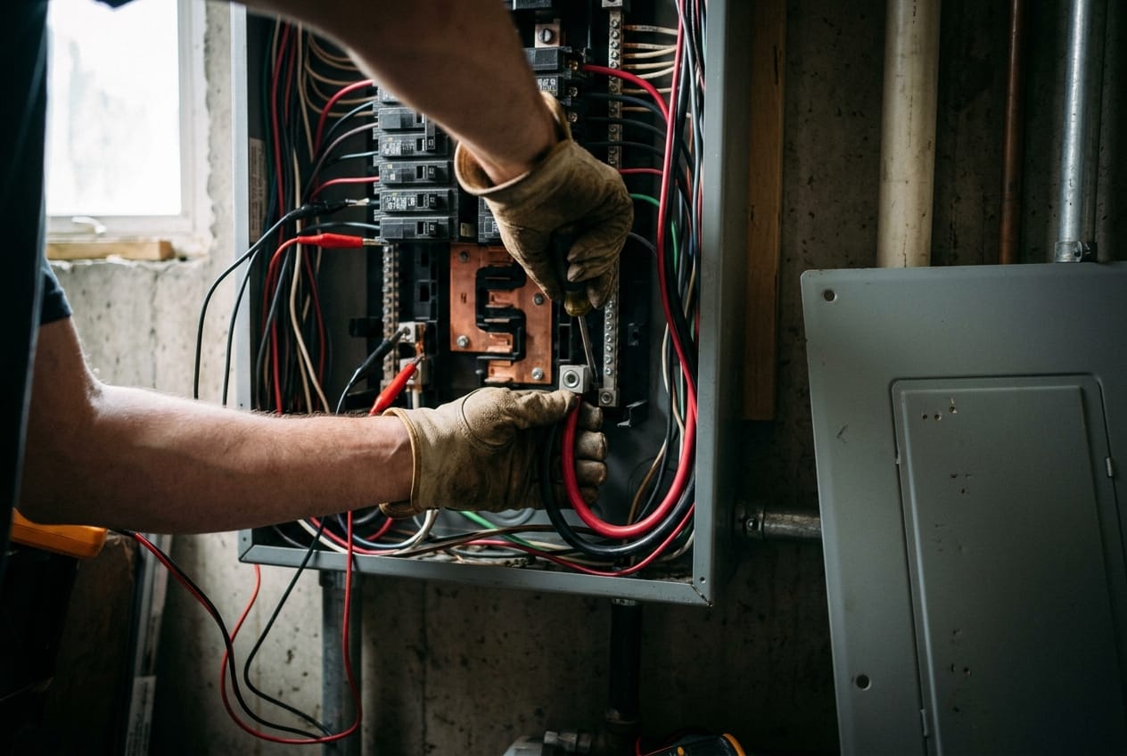 Gloved hands landing conductors in a commercial electrical panel, multimeter leads clipped to the bus, cover plate leaning against the wall
