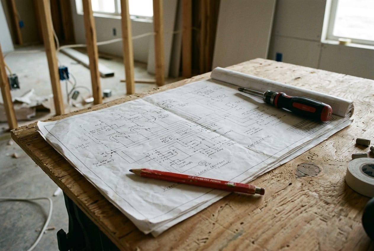Electrical drawings spread on a plywood table in an unfinished building, a red pencil and a torque screwdriver holding the pages flat
