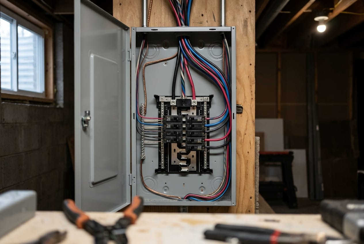 New 200-amp residential panel mid-install, breakers partly seated, neatly bundled conductors fanning into the enclosure