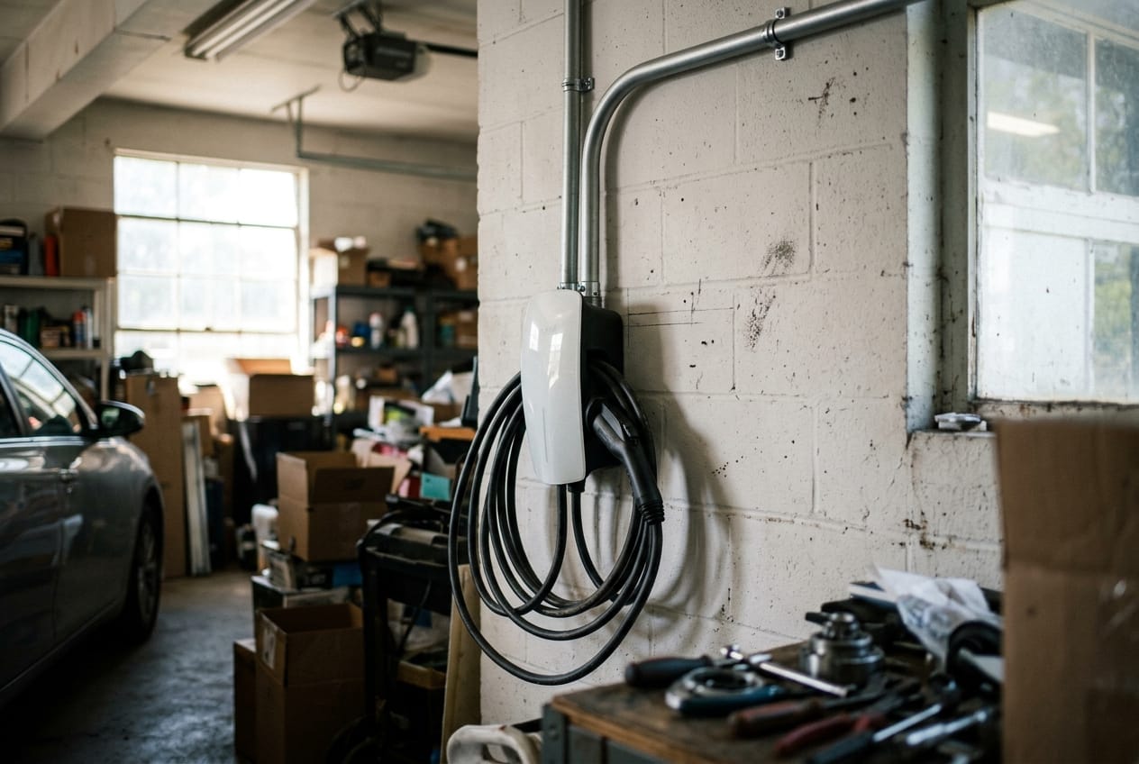 Level-2 EV charger mounted on a garage wall with fresh conduit run to it, cable coiled on its holster