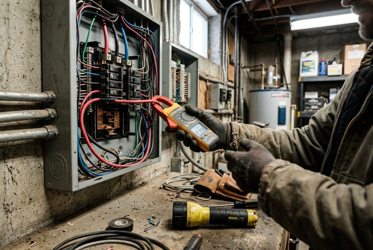 Open commercial breaker panel in a utility room with a clamp meter reading one feeder, flashlight lying on the floor