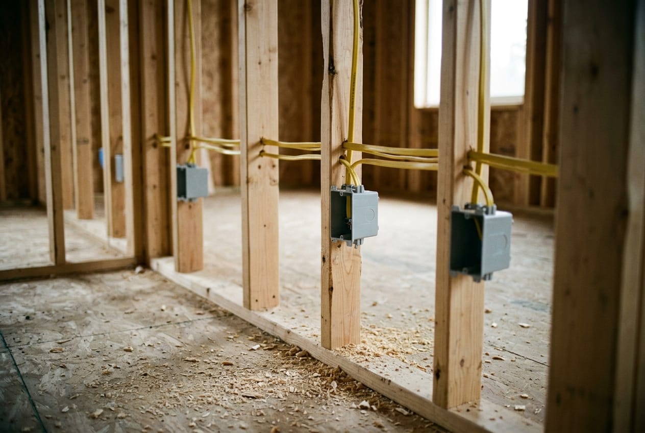 Romex cable pulled through drilled studs in open framing, boxes nailed to the studs, sawdust on the subfloor