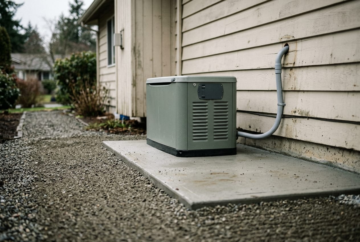 Standby generator on a fresh concrete pad beside a house, transfer switch conduit entering the wall, gravel still raked