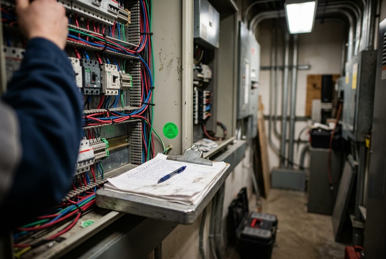 Clipboard with an inspection checklist resting on an open electrical panel, green approval sticker beside it