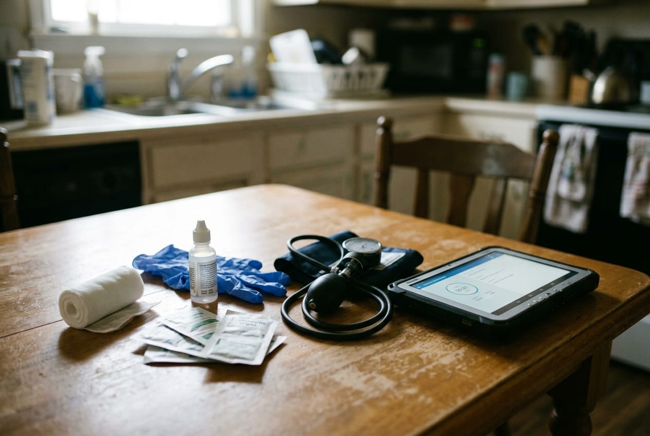 Wound-care supplies laid out on a kitchen table — gauze, saline, gloves — beside a blood-pressure cuff and a tablet showing a visit timer