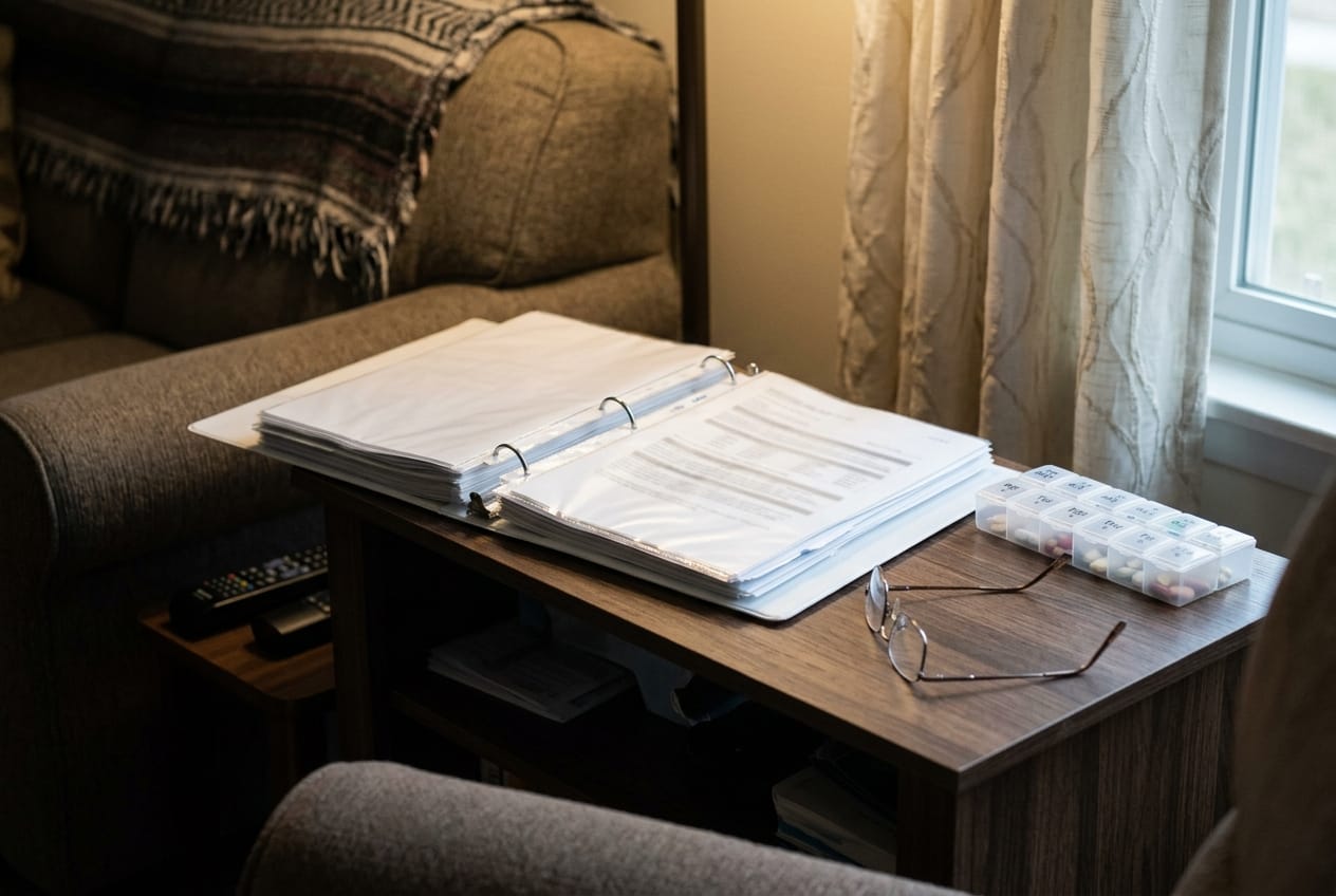 Care plan binder open on a living-room side table next to a pill organizer and reading glasses, afternoon light through the curtains