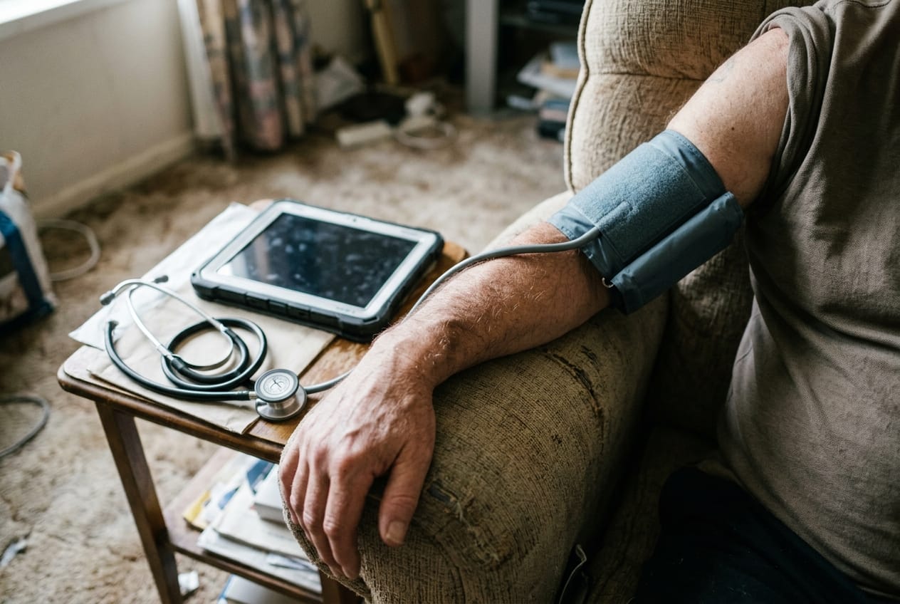 Blood-pressure cuff wrapped on a patient's forearm resting on an armchair, stethoscope and visit tablet on the side table