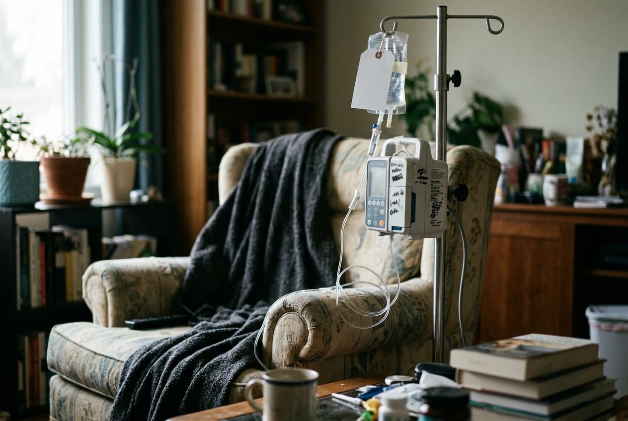 Portable infusion pump on an IV pole beside a living-room armchair, medication bag labelled with a blank pharmacy tag