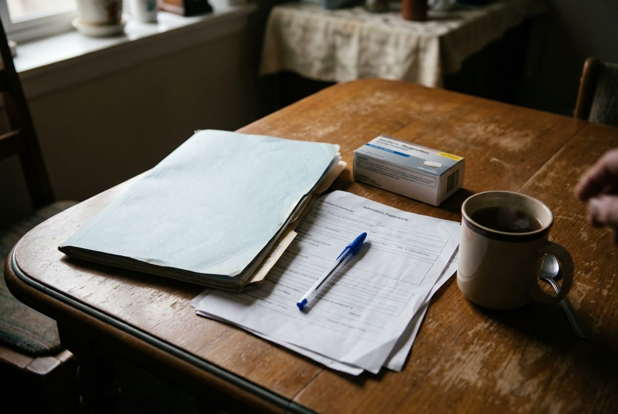 Hospital discharge folder and a new medication box on a dining table, admission paperwork and a pen beside a cup of tea