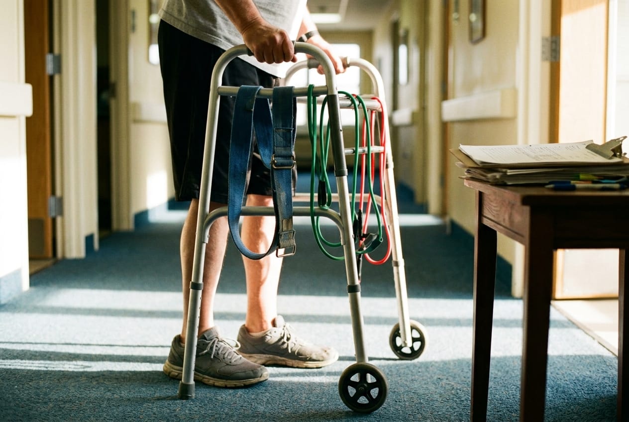 Walker standing in a sunlit hallway with a gait belt and resistance bands draped over it, therapy notes on the hall table
