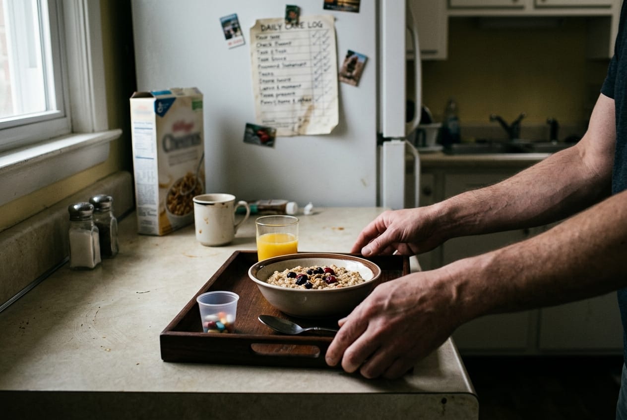 Breakfast tray being set on a kitchen counter — oatmeal, juice, a pill cup — with a daily care checklist pinned to the fridge
