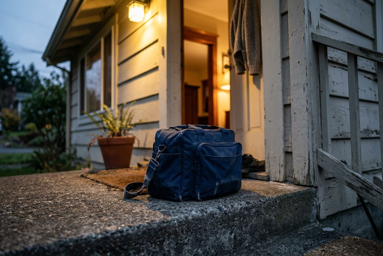 Nurse's visit bag on a porch step at dusk, porch light on, front door ajar with warm light inside