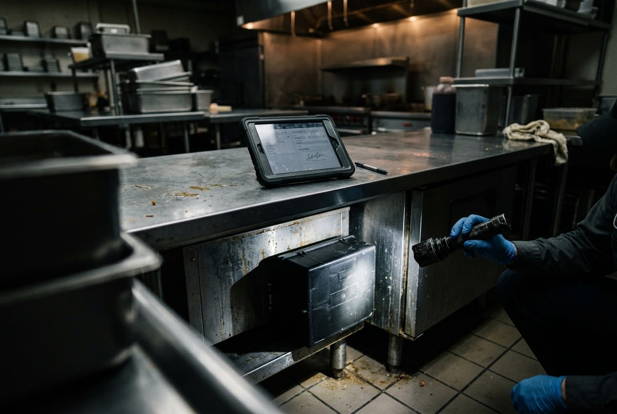 Flashlight beam on a bait station behind a commercial kitchen line, tablet with a service log resting on the stainless counter