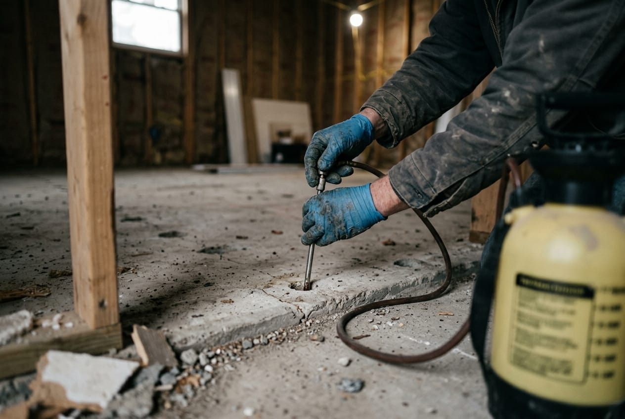 Gloved hands injecting termiticide into a drilled foundation slab, rod and sprayer hose on the concrete