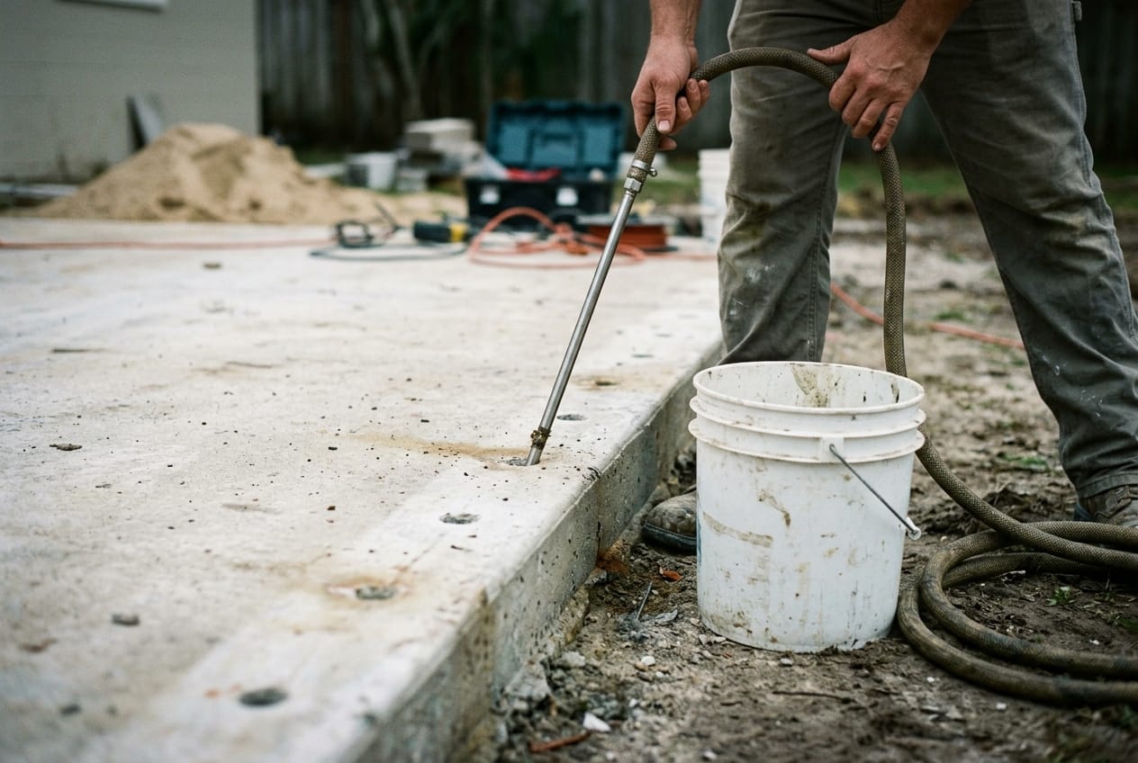 Drill holes along a concrete slab edge with a termiticide injection rod in place, bucket and hose beside it