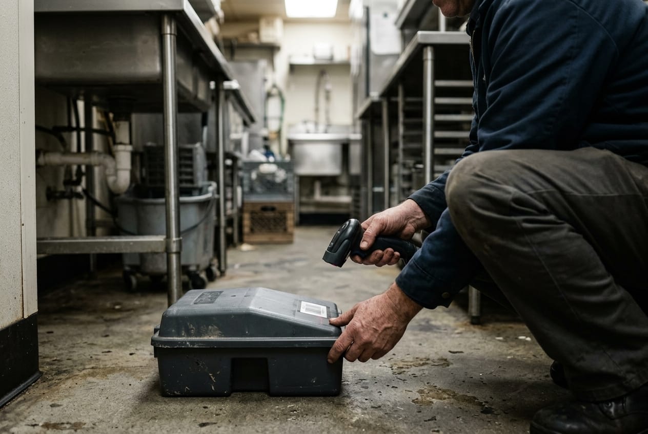 Tamper-proof bait station being logged with a barcode scanner on a restaurant back-of-house floor