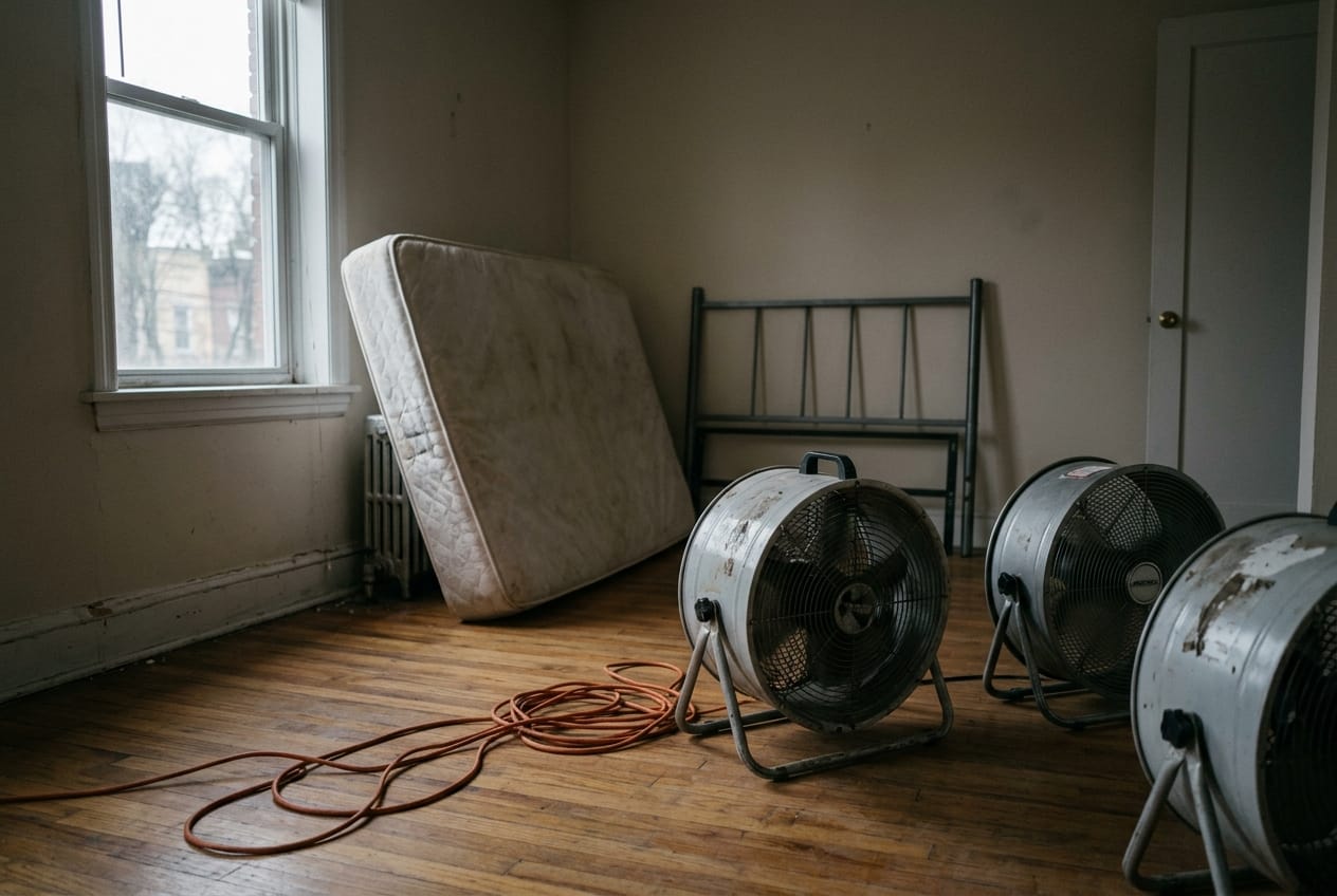 Industrial heaters and fans staged in an emptied apartment bedroom with the mattress on its side for heat treatment