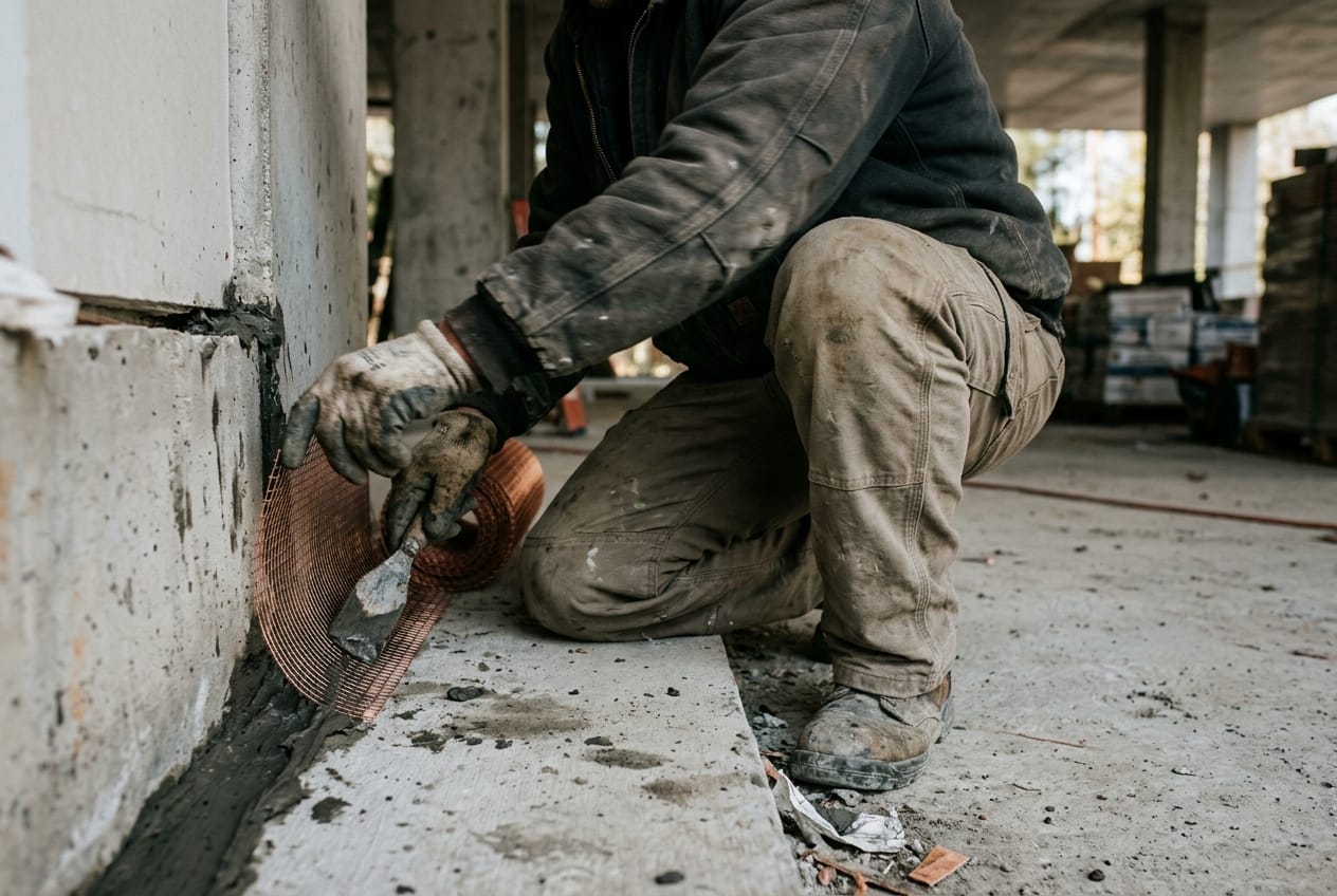 Copper mesh and sealant being pressed into a gap at the base of a commercial building wall