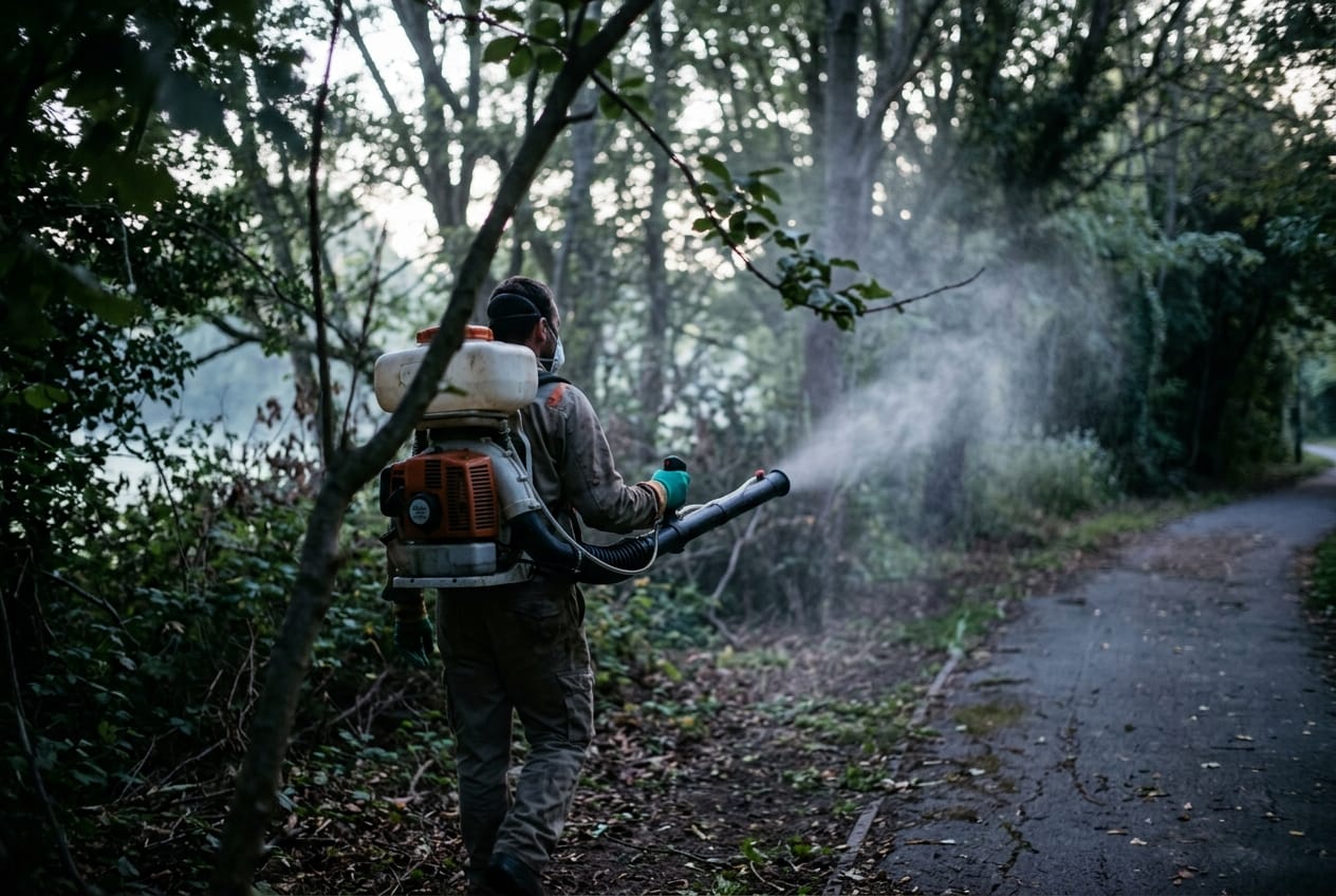 Backpack mist blower treating a park perimeter at dawn, fine spray drifting through the trees
