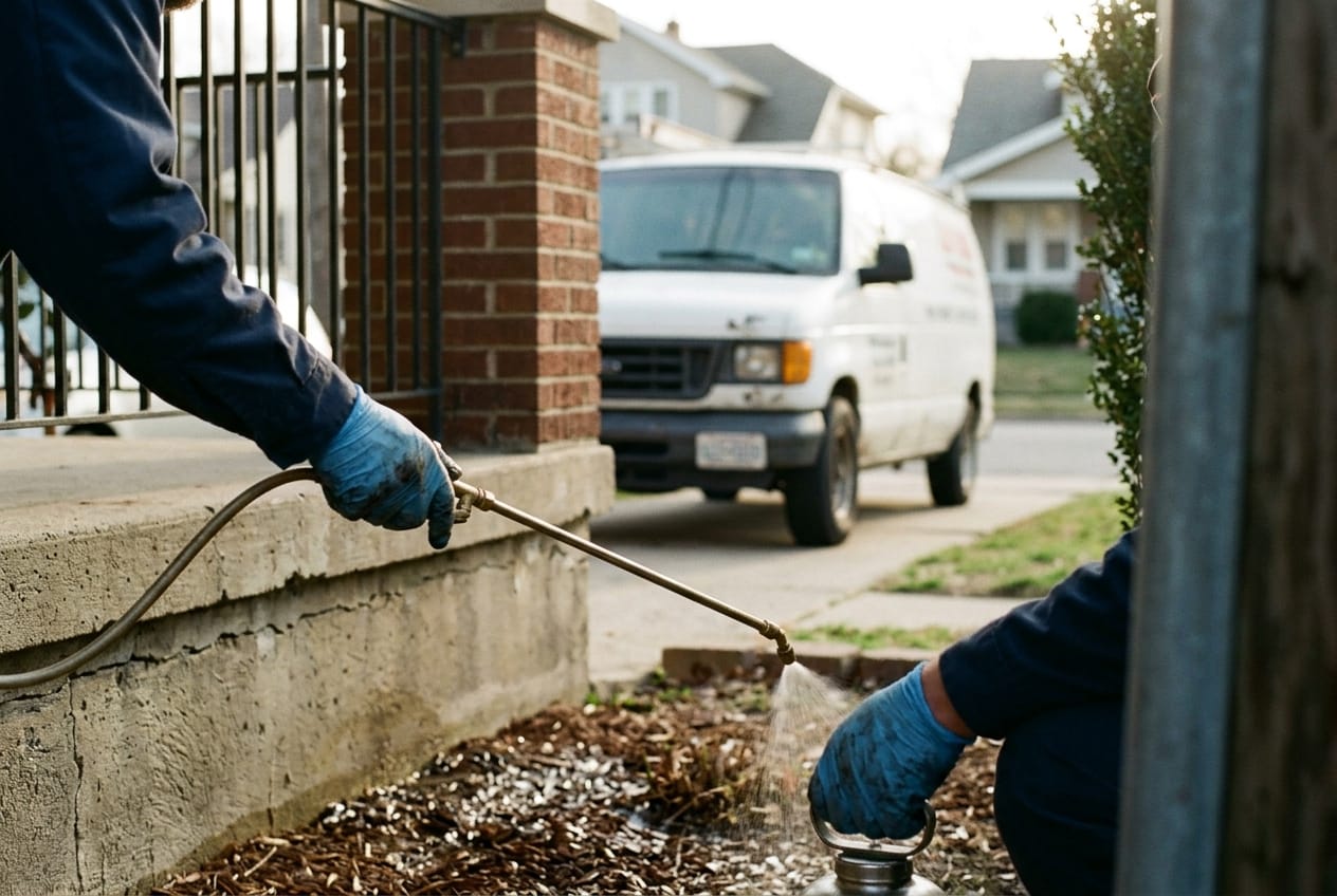 Hand sprayer treating the foundation line along a front porch, service van parked in the driveway behind