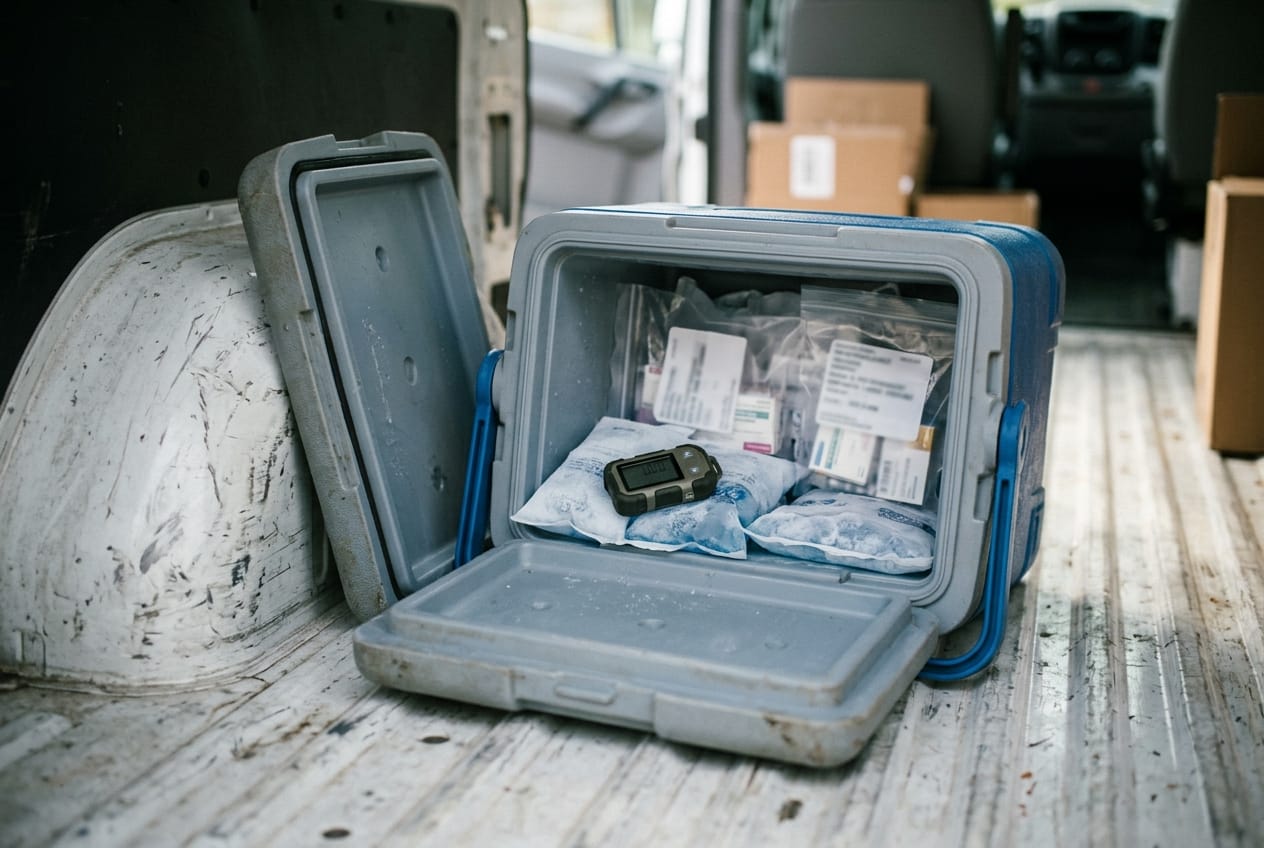 Validated cold-chain cooler open on a van floor, gel packs and a temperature data logger showing a reading, sealed medication bags inside