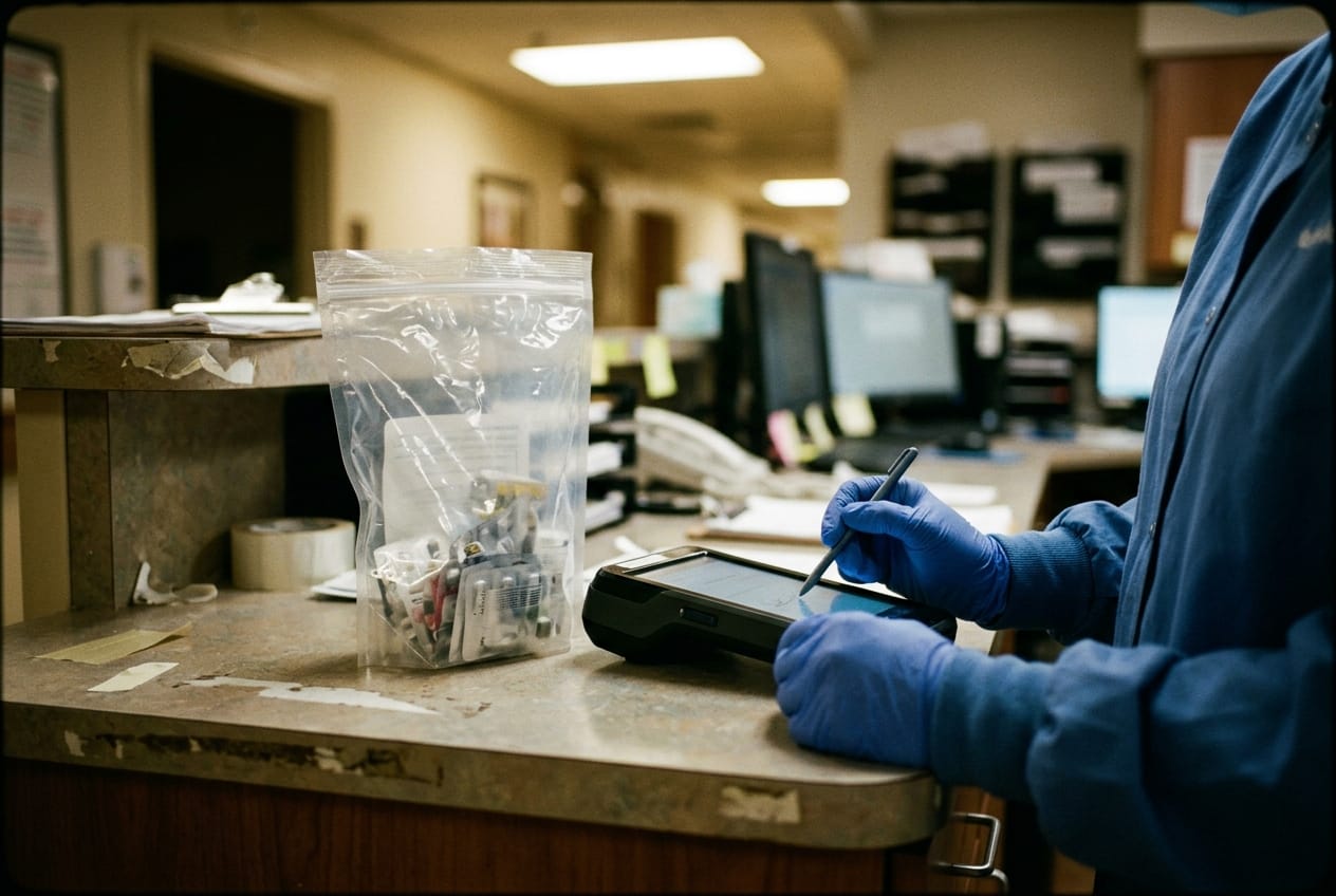 Handheld signature device and a sealed tamper-evident pharmacy bag on a long-term-care nurses' station counter