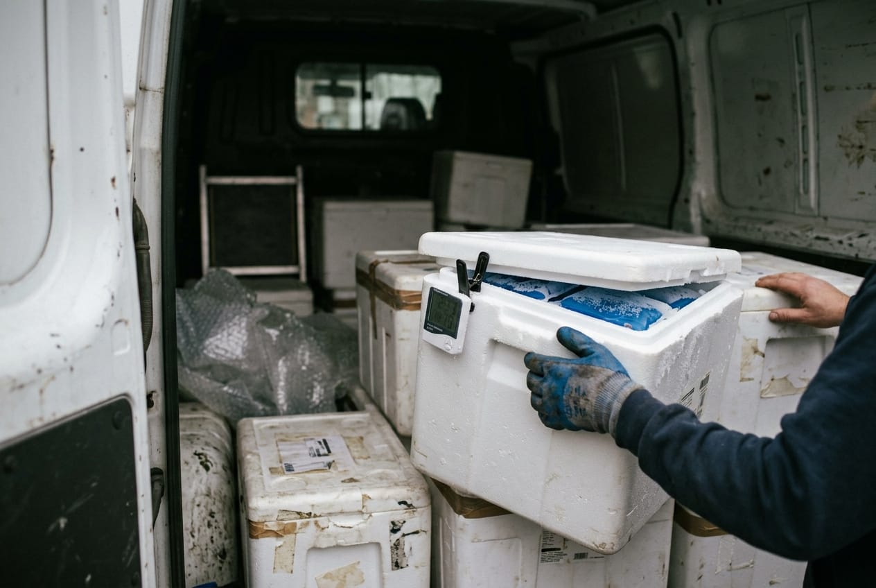 Validated shipping cooler being loaded into a van with a digital temperature logger clipped to the lid, frost on the gel packs