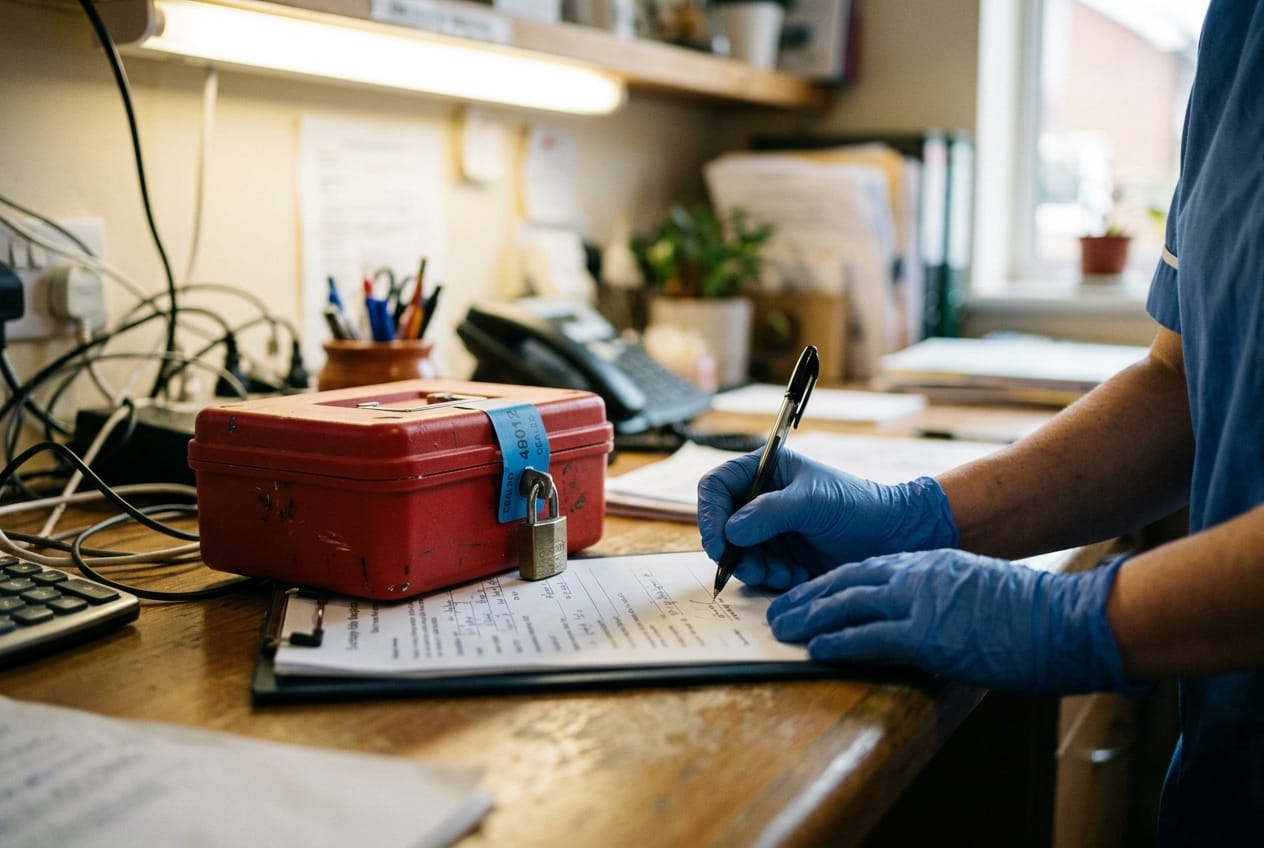 Signature capture handheld on a care-home reception desk beside a locked medication tote with a numbered seal