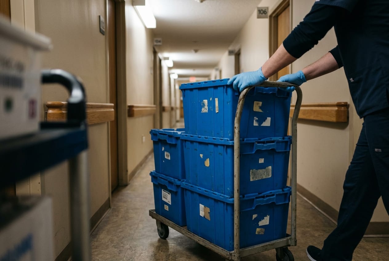 Stacked blue pharmacy totes on a cart in a long-term-care facility corridor, handrails and room doors receding behind