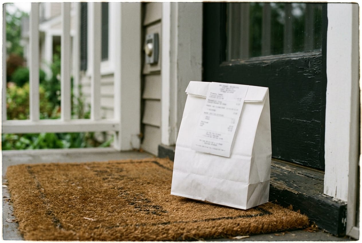White pharmacy bag with a stapled receipt on a residential front-door mat, doorbell and porch railing in soft focus