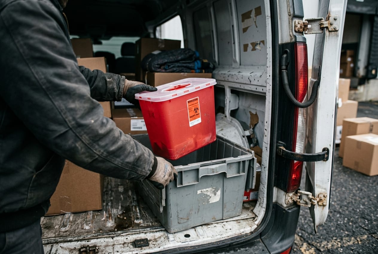 Sealed red sharps container and a returns bin being loaded into the back of a courier van