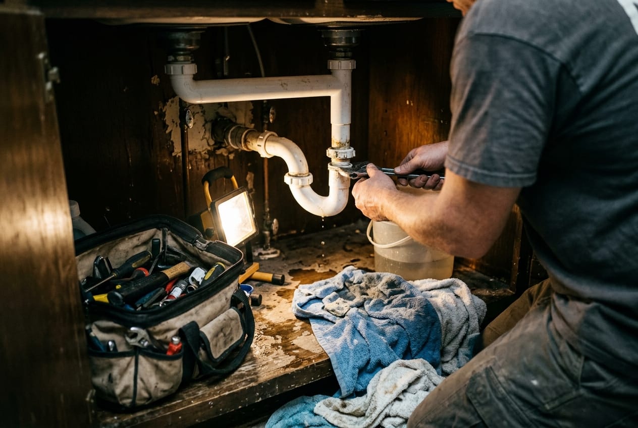 View under a kitchen sink lit by a work light, P-trap half disassembled, open tool bag and towels on the cabinet floor
