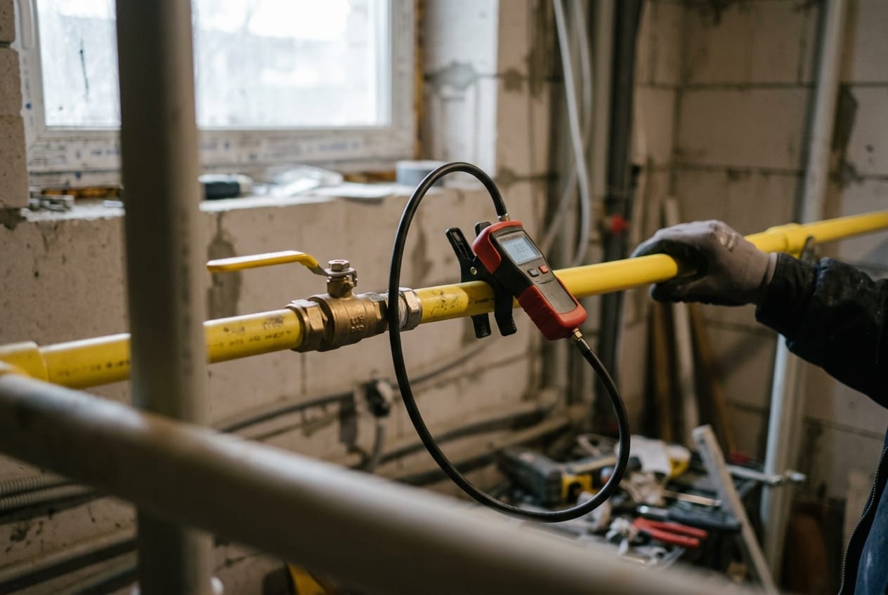Manometer clipped to a new gas line during a pressure test, yellow pipe and a shutoff valve in sharp focus