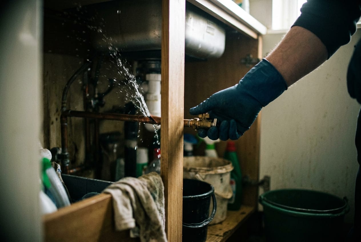 Water spraying from a split copper pipe under a sink while a gloved hand reaches for the shutoff valve