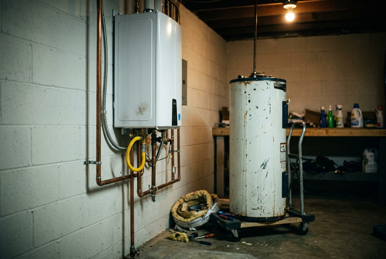 New tankless water heater mounted on a utility-room wall, copper and gas lines connected, old tank on a dolly beside it