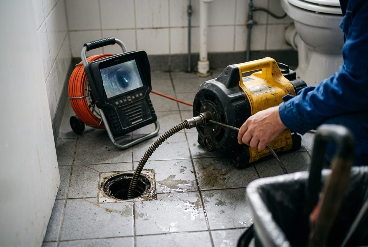 Drain machine and a sewer camera monitor on a tiled bathroom floor, cable running into the cleanout