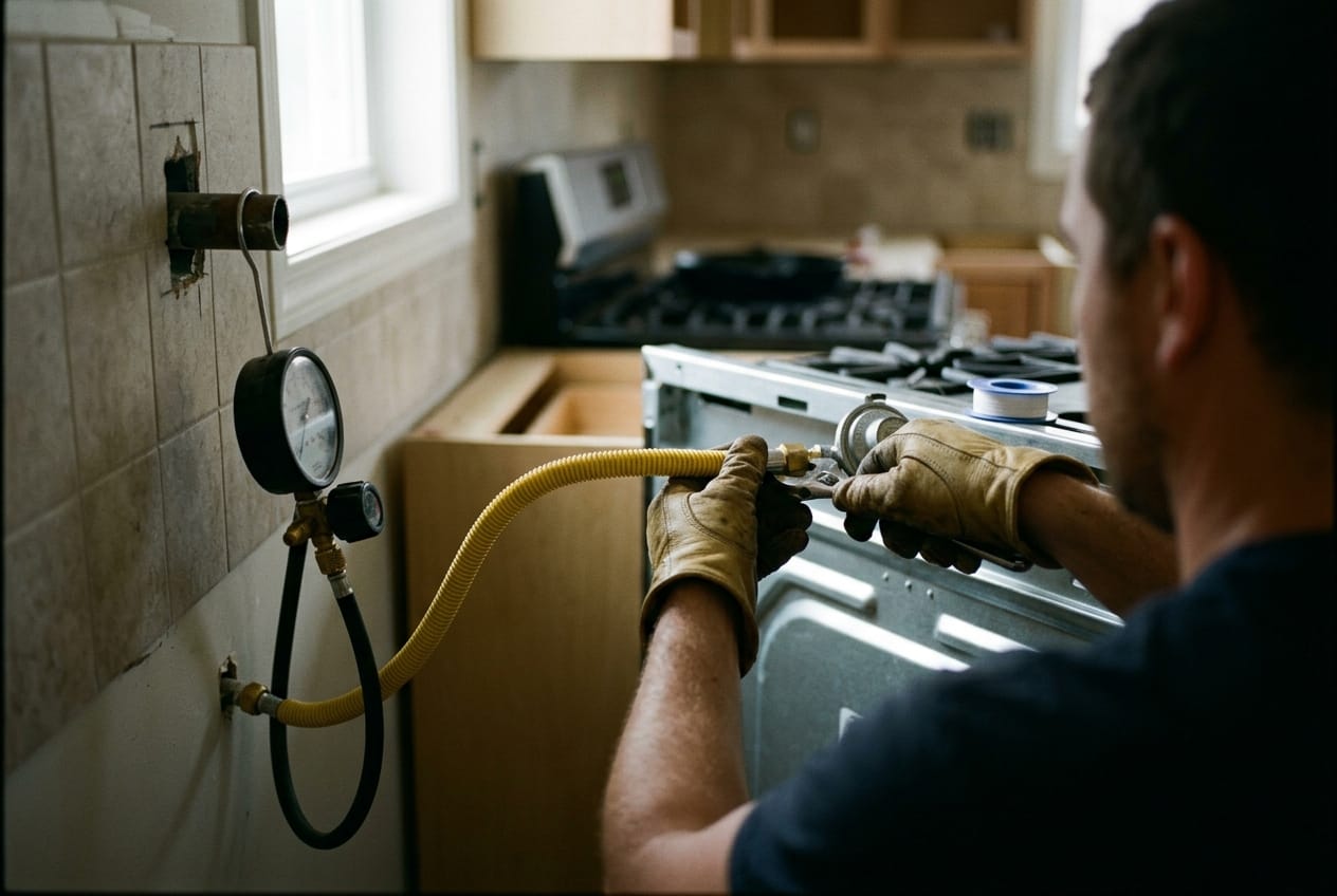 Flexible gas connector being attached to a new range, manometer hanging from the stub-out on the kitchen wall