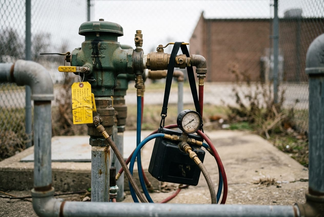 Backflow test kit with gauges hooked to a commercial backflow preventer outdoors, test tag hanging from the valve