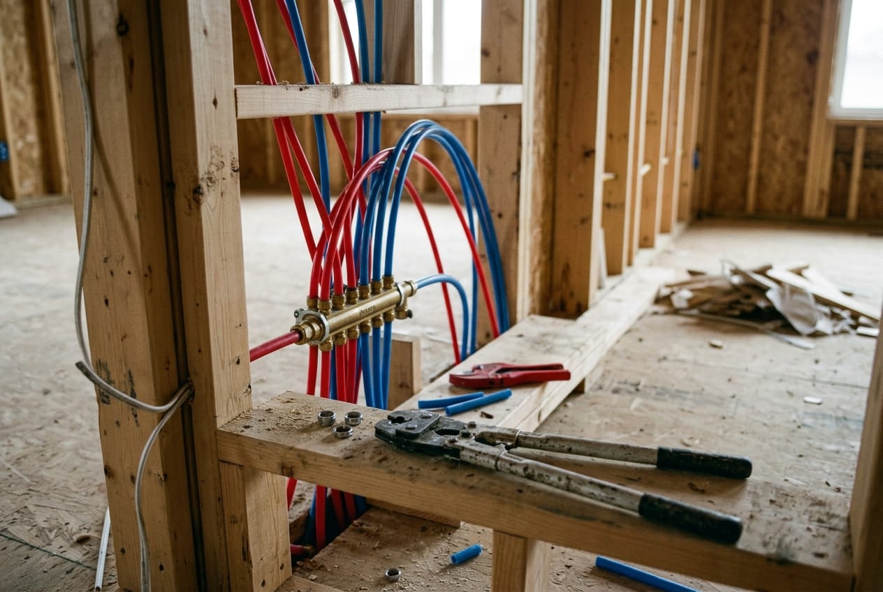 PEX manifold with red and blue lines fanned out inside an open framed wall, crimp tool on the sill plate